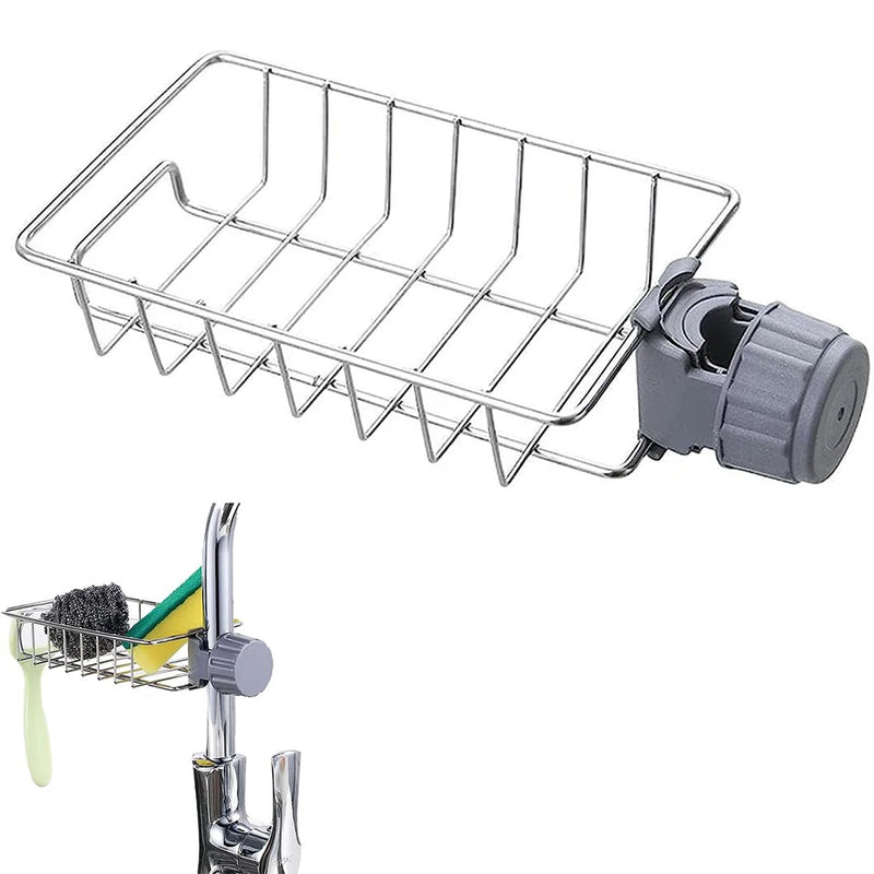 Faucet Sponge Holder for Kitchen Sink | Stainless Steel Sink Organiser Rack | No-Drill Drain Rack for Sponge, Soap & Brus