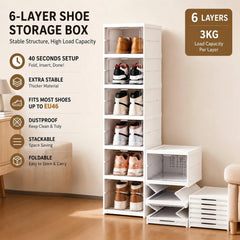 6-Layer Stackable Shoe Storage Organiser | Foldable Clear Shoe Box Cabinet | Space-Saving Shoe Rack for Bedroom & Entryway