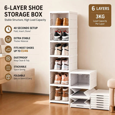 6-Layer Stackable Shoe Storage Organiser | Foldable Clear Shoe Box Cabinet | Space-Saving Shoe Rack for Bedroom & Entryway