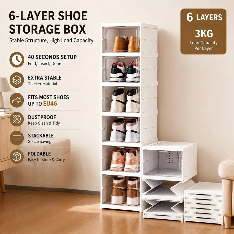 6-Layer Stackable Shoe Storage Organiser | Foldable Clear Shoe Box Cabinet | Space-Saving Shoe Rack for Bedroom & Entryway