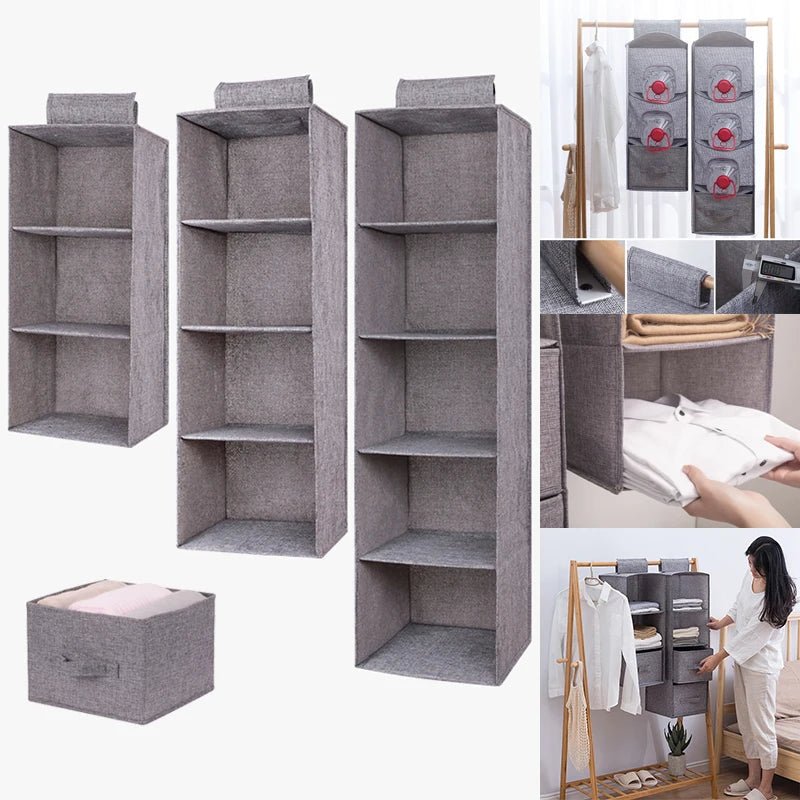Hanging Closet Organiser with Shelves | Foldable Wardrobe Storage Unit | Cotton Linen Hanging Shelf for Clothes, Bags & Shoes